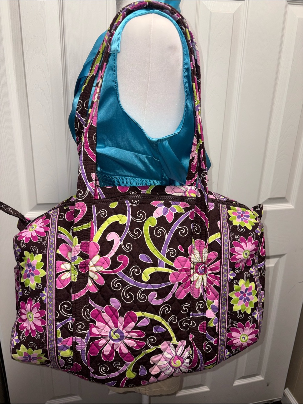 Vera Bradley Brown Quilted Tote with Pink & Lime Floral Pattern
